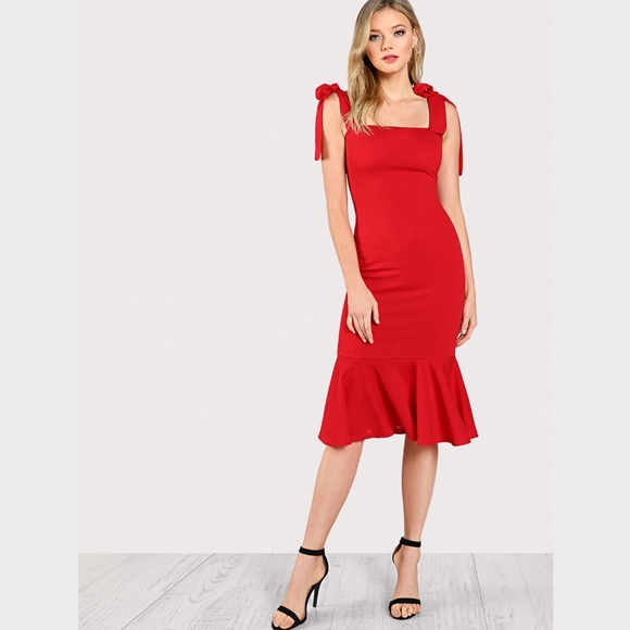 Red Fishtail with Strap Ties Dress Bodycon Midi - Picture 2 of 8